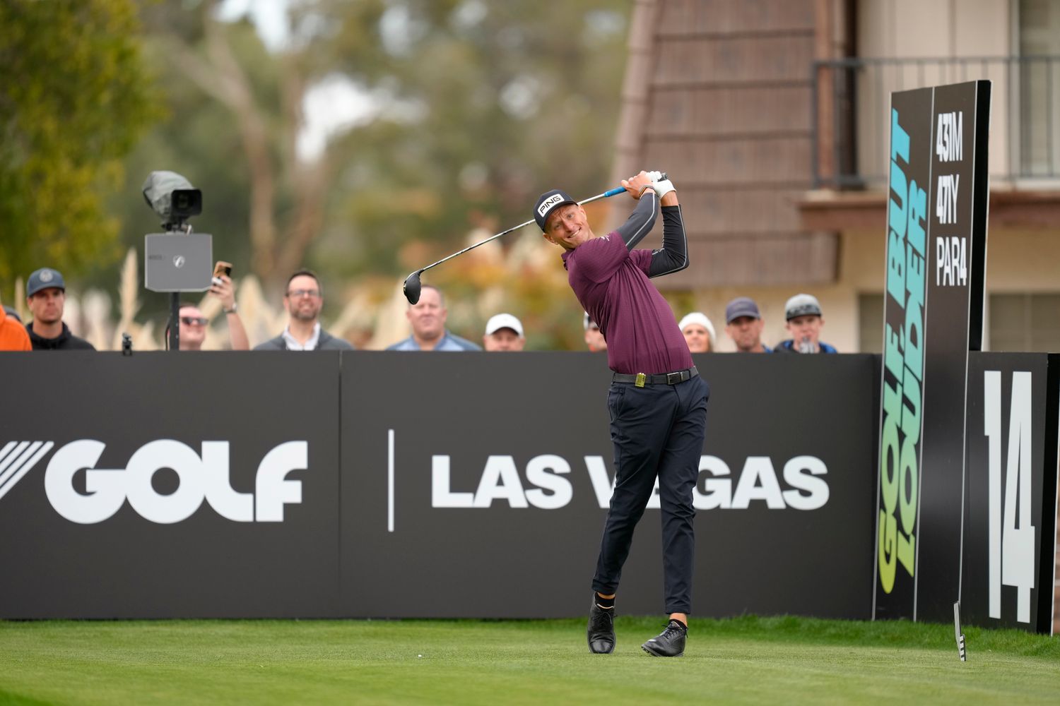 Adrian Meronk plays his shot from the 14th tee during the second round of the LIV Golf Las Vegas tournament at Las Vegas Country Club.